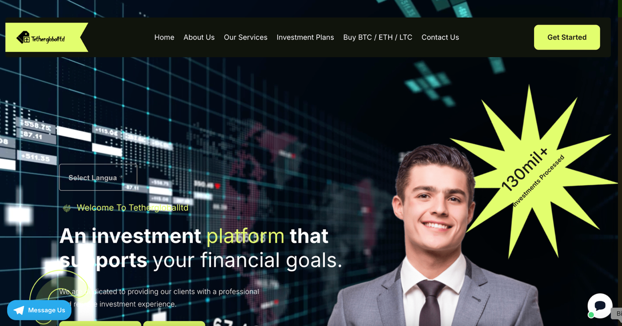 Figure 3. Example of a fake investment platform, https://tethergloballtd[.]com/