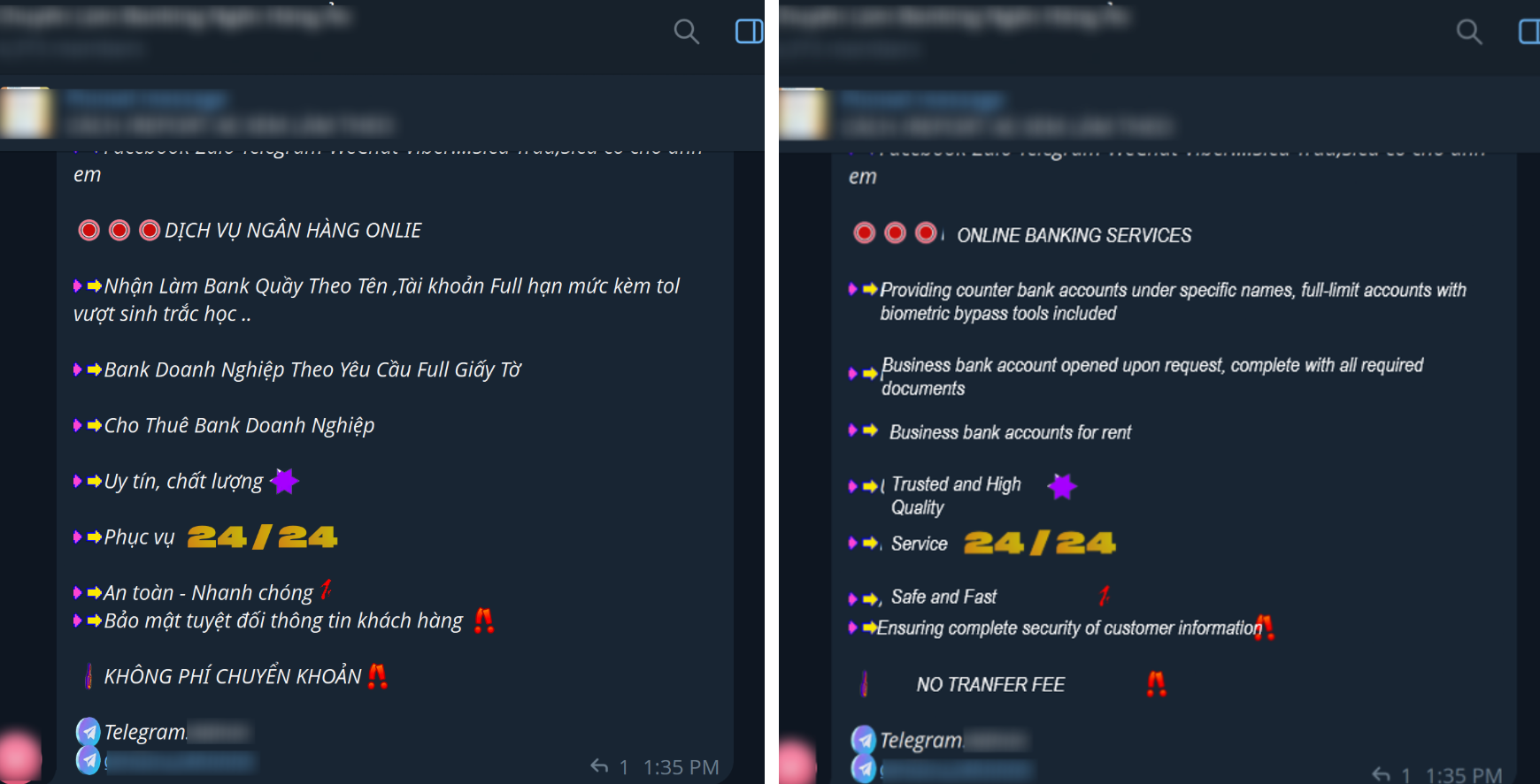 Figure 4. Screenshots and English translations of advertisements for business bank account kits and ID rental services published in Telegram groups that cater to fraudsters. These underground services are widely accessible, allowing scammers to bypass identity verification requirements using fake or stolen credentials.
