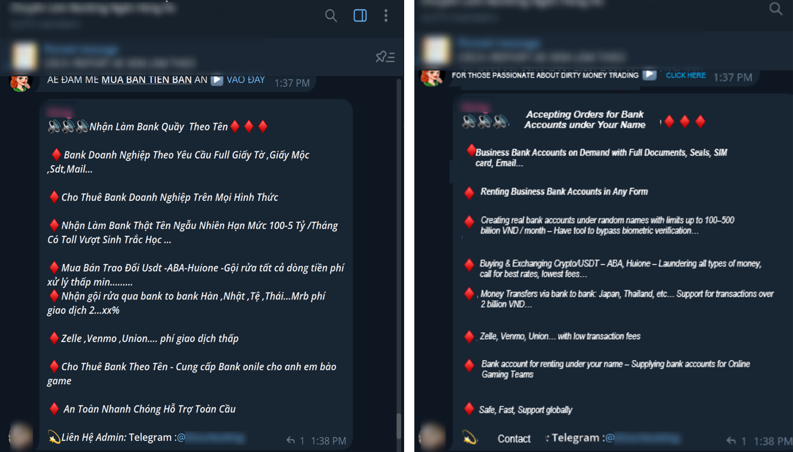 Figure 4. Screenshots and English translations of advertisements for business bank account kits and ID rental services published in Telegram groups that cater to fraudsters. These underground services are widely accessible, allowing scammers to bypass identity verification requirements using fake or stolen credentials.