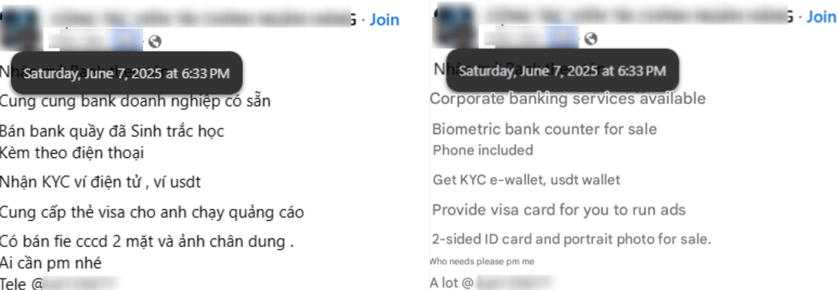Figure 4. Screenshots and English translations of advertisements for business bank account kits and ID rental services published in Telegram groups that cater to fraudsters. These underground services are widely accessible, allowing scammers to bypass identity verification requirements using fake or stolen credentials.