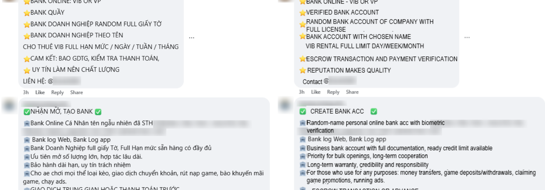 Figure 4. Screenshots and English translations of advertisements for business bank account kits and ID rental services published in Telegram groups that cater to fraudsters. These underground services are widely accessible, allowing scammers to bypass identity verification requirements using fake or stolen credentials.