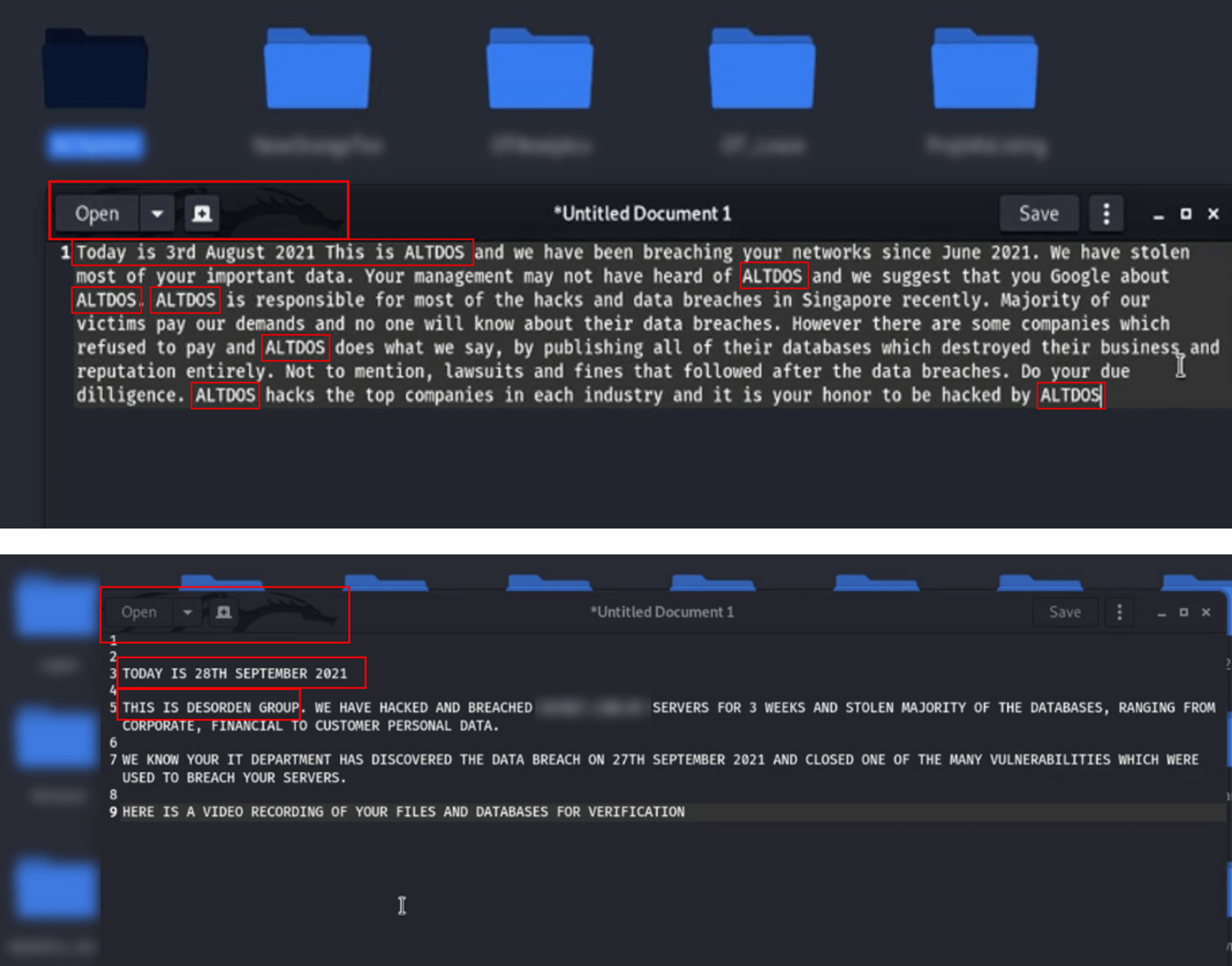 Figure 5. A comparison of ALTDOS’ ransom note (top), and DESORDEN’s ransom note (bottom).