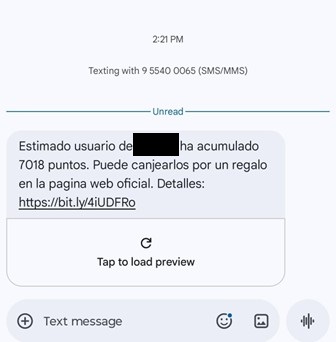 Figure 5. The campaign utilized SMS text messages sent from a local number to impersonate a brand's reward program.