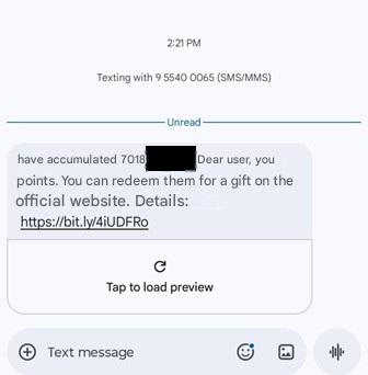 Figure 5. The campaign utilized SMS text messages sent from a local number to impersonate a brand's reward program.