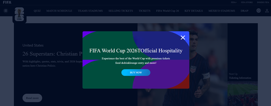 Figure 7: Example of a fake “BUY NOW” pop-up on a fraudulent domain (www-fifa[.]com[.]co) replicating the exact layout and branding of the legitimate site hospitality promotion used to lure victims.