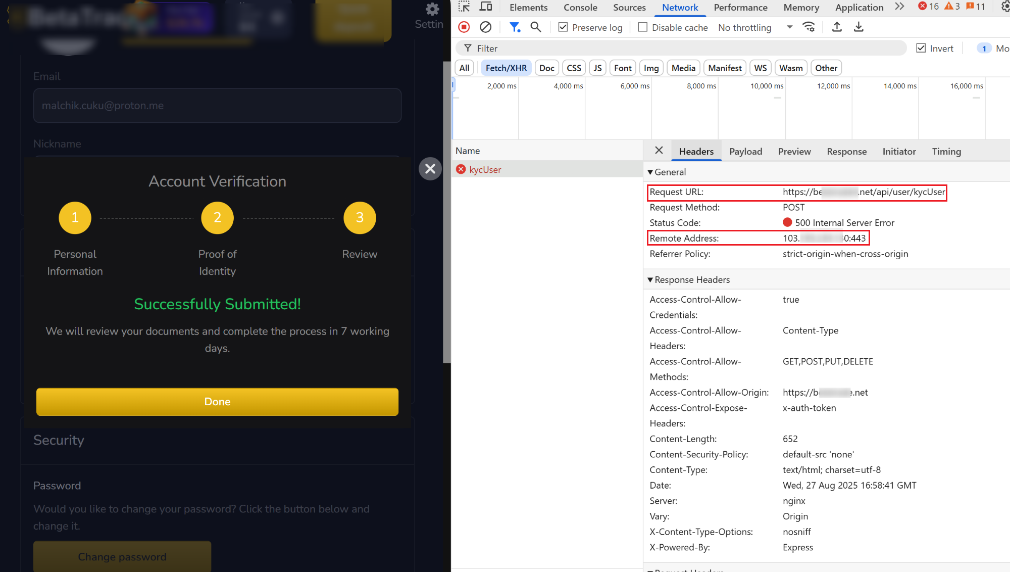 Figure 8. A screenshot of the KYC submission process on the fraudulent platform, and analysis exposing backend IP and server headers.