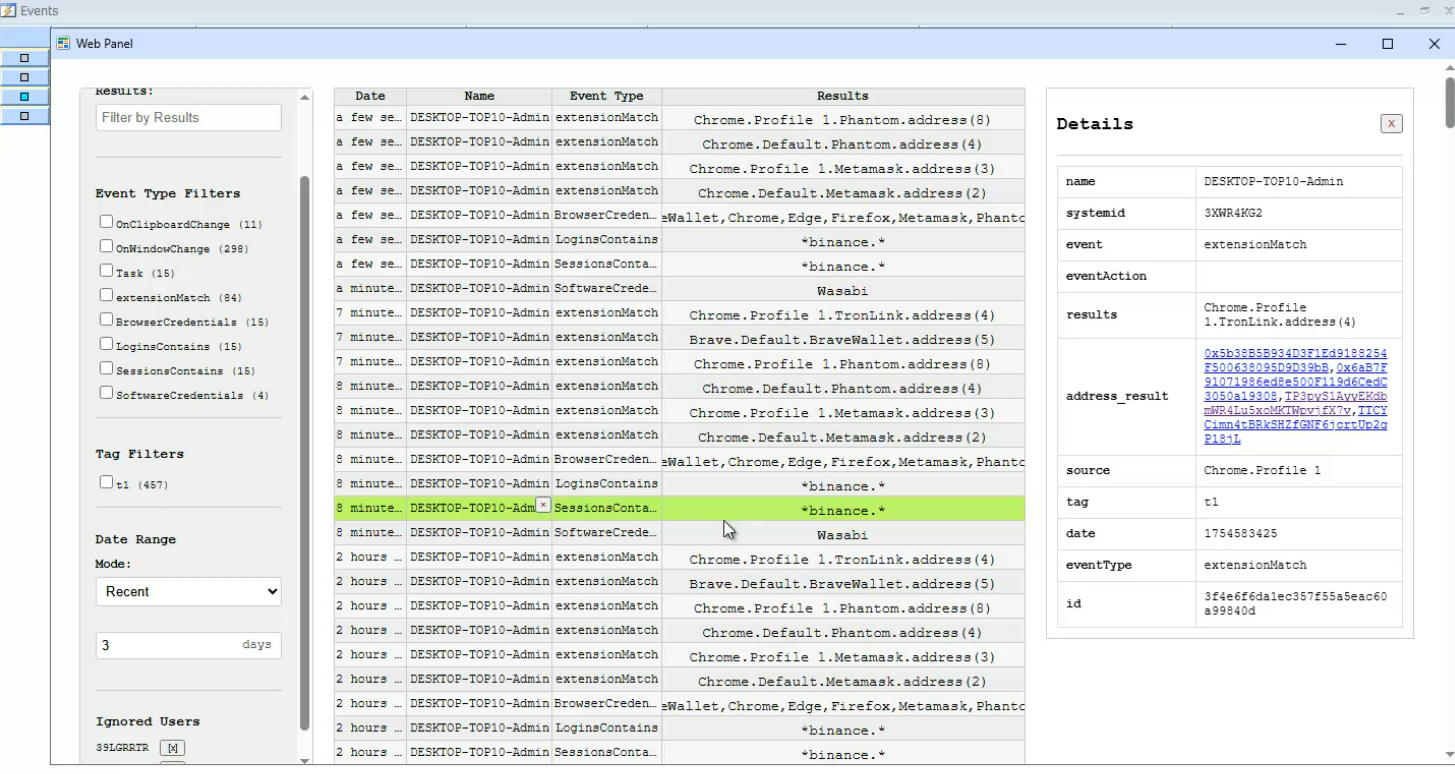 Figure 9: Event manager in the web panel.