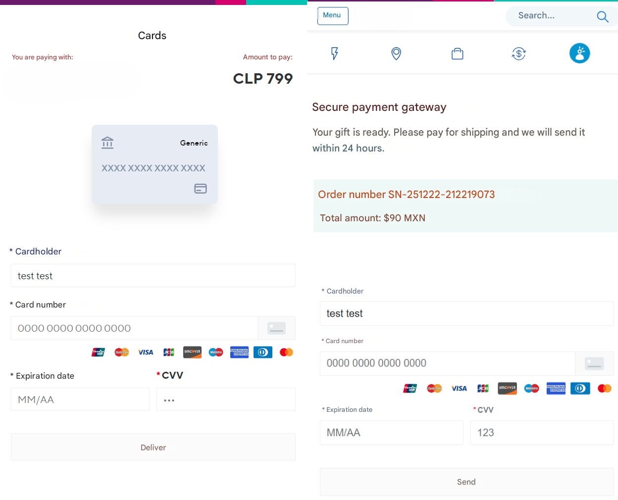 Figure 9. Solicitation of full credit card credentials, including card number, expiry date, and CVV.