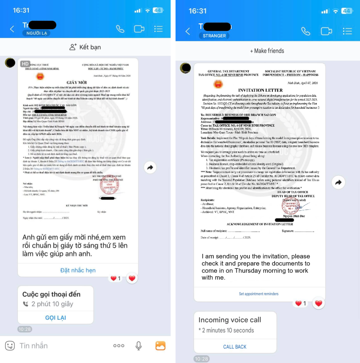 Figure 1: Example of social engineering. Reported dialogue between victim and fraudsters in Zalo (source: facebook.com translated from Vietnamese).