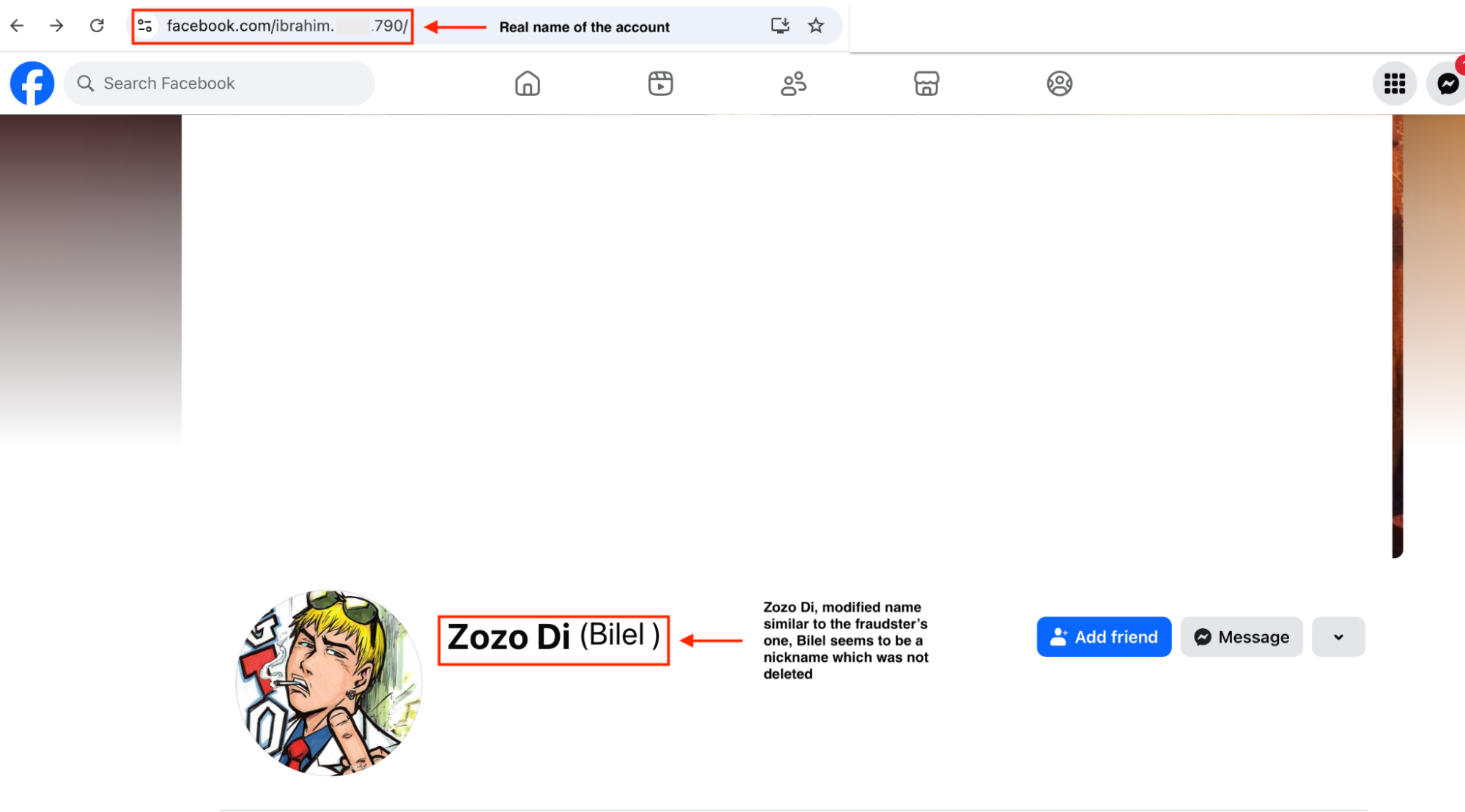 Figure 1: Example of a Facebook profile used by a fraudster in this scheme, with a fake name that doesn’t match the account name in the URL.
