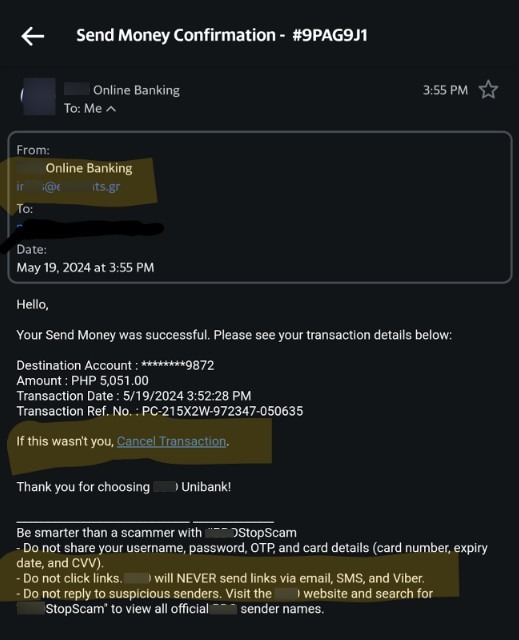 Figure 1. Phishing email with a fake transaction confirmation.