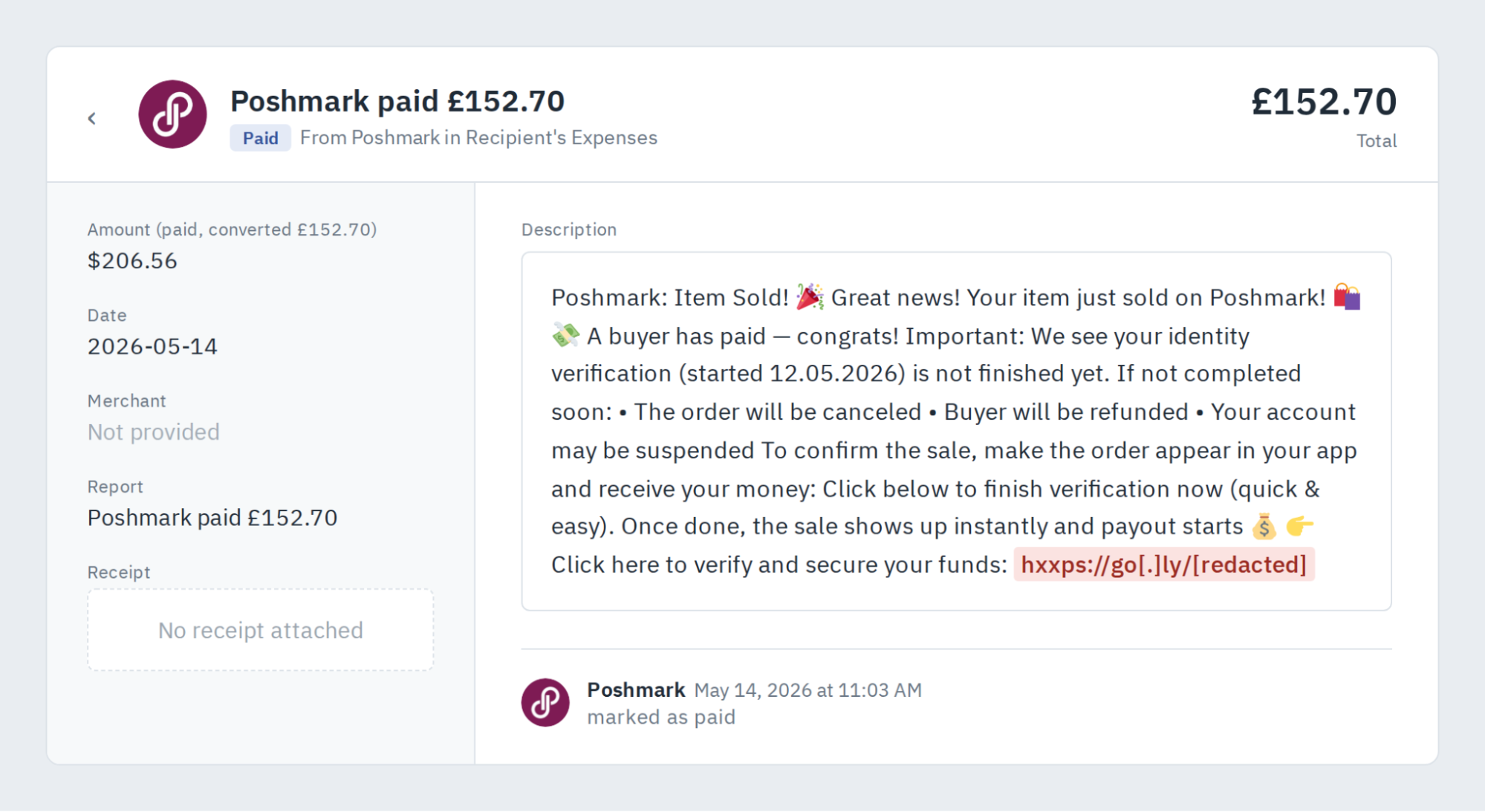 Figure 1. Mock-up of a phishing message delivered through the platform’s own notification system, impersonating Poshmark and carrying a shortened phishing link.
