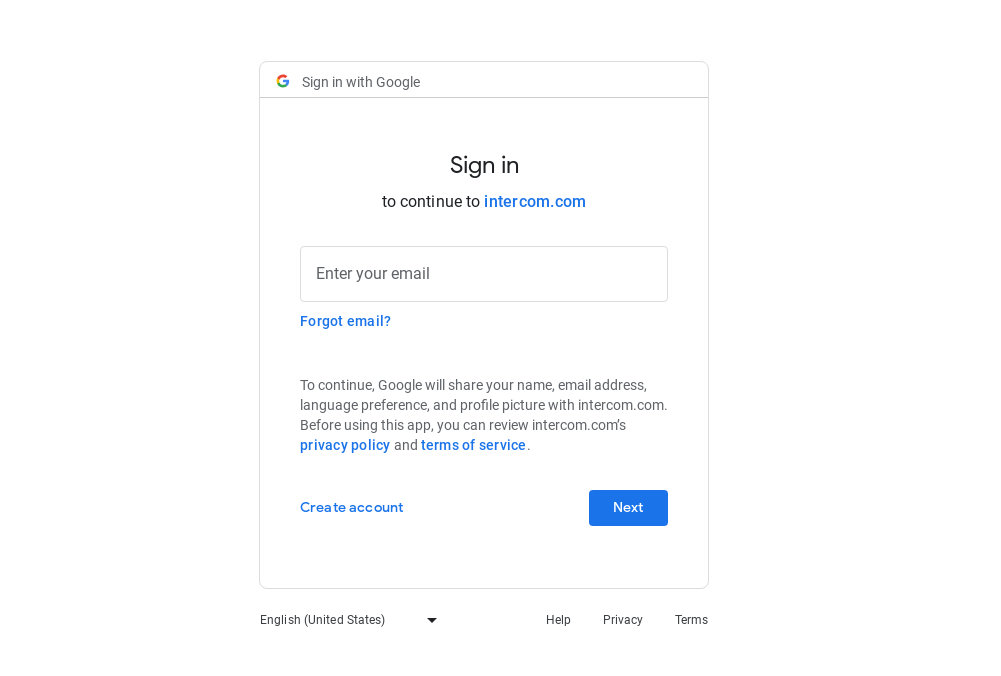 Figure 10. Google phishing page targeting Intercom.