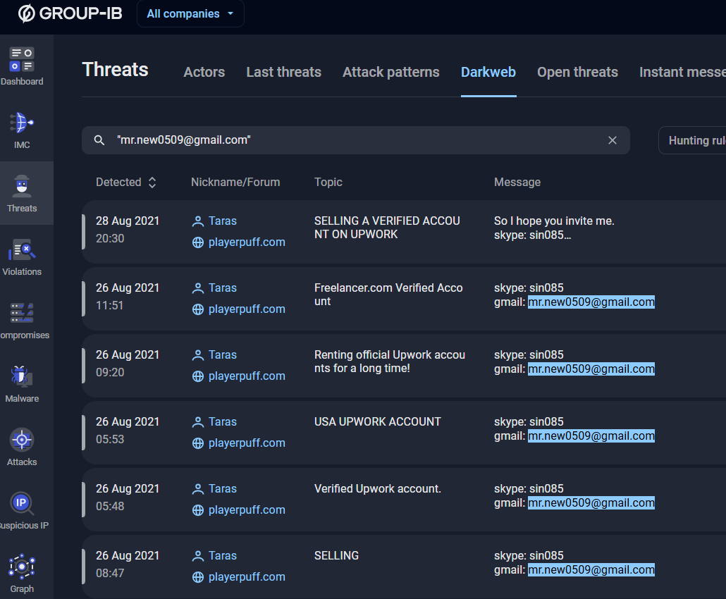 Figure 10. Screenshot from Group-IB Threat Intelligence platform (Darkweb monitoring section).