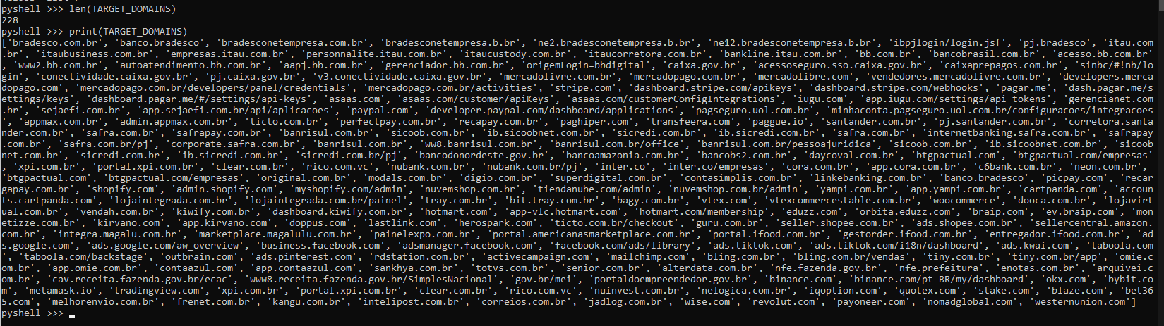 Figure 11. Global list variable containing nearly 230 cross-sector domains and URLs.