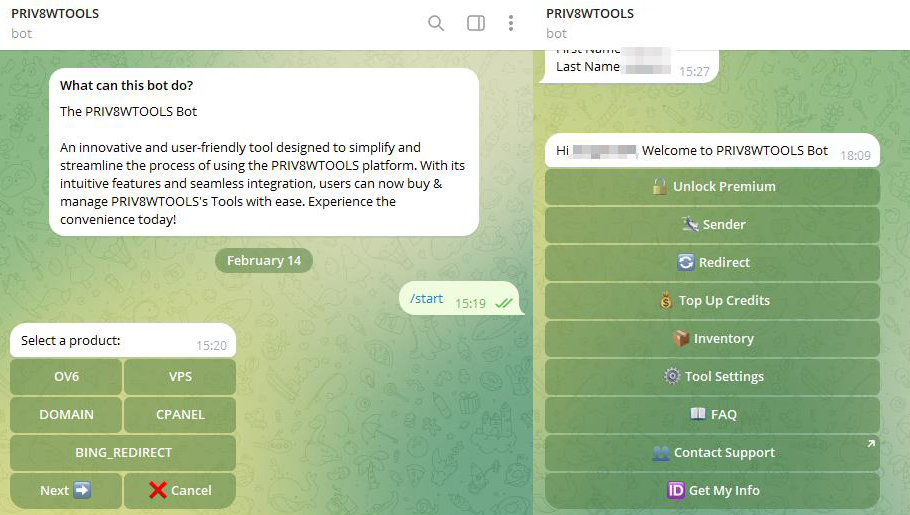 Figure 11. Telegram bot selling W3LL Tools under an altered name.