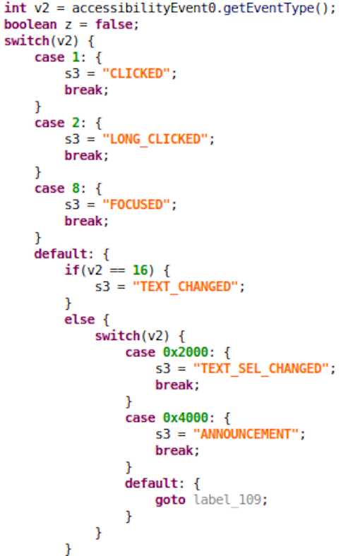Figure 12. The malware captures various accessibility events across all foreground applications.
