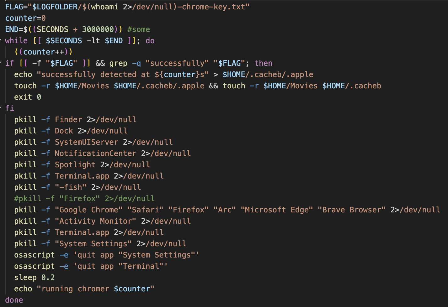 Figure 12. Code snippet showing loop that kills all interactive applications until the user grants Keychain access.