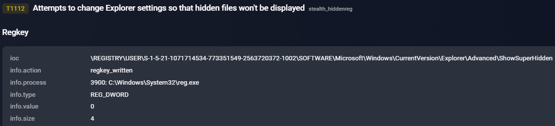 Figure 13. Windows Registry tampering captured.