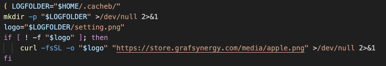 Figure 13. Creation of hidden working directory and download of fake macOS system icon from compromised infrastructure.