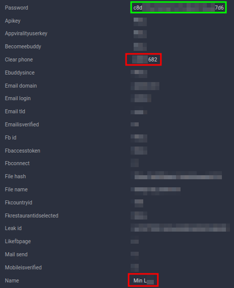 Figure 14. Eatigo 2020 leak record showing matching password hash with inconsistent data. 