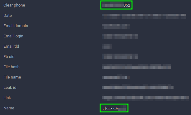 Figure 15. Facebook 2021 leak record showing matching phone number and name.