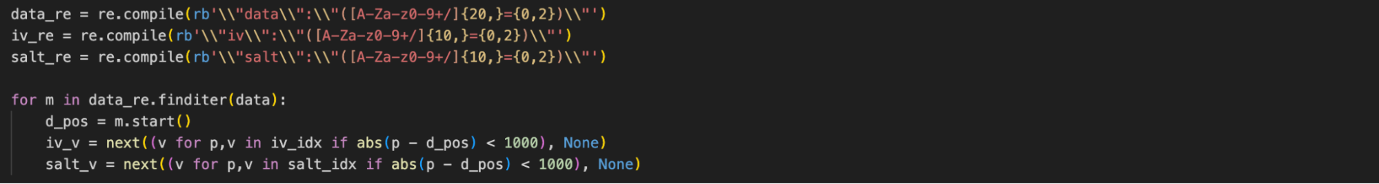 Figure 15. Proximity-based regex matching reassembles vault components (data, iv, salt) dropped across LevelDB log files by matching fields within 1000 bytes of each other.