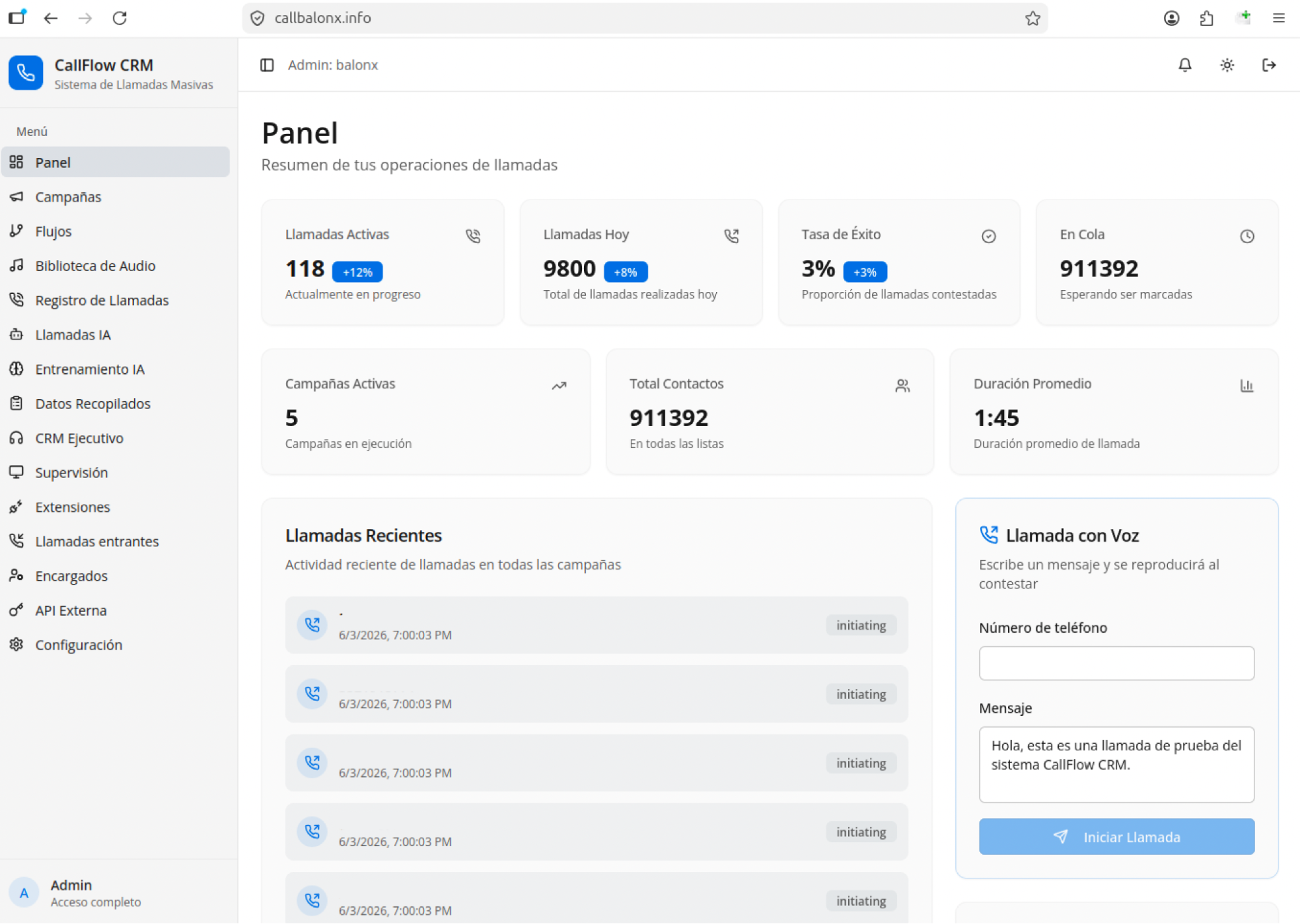 Figure 15. CallFlow admin dashboard showing active campaigns, call metrics, and the Banamex phone number database. Figure 15. CallFlow admin dashboard showing active campaigns, call metrics, and the Banamex phone number database.