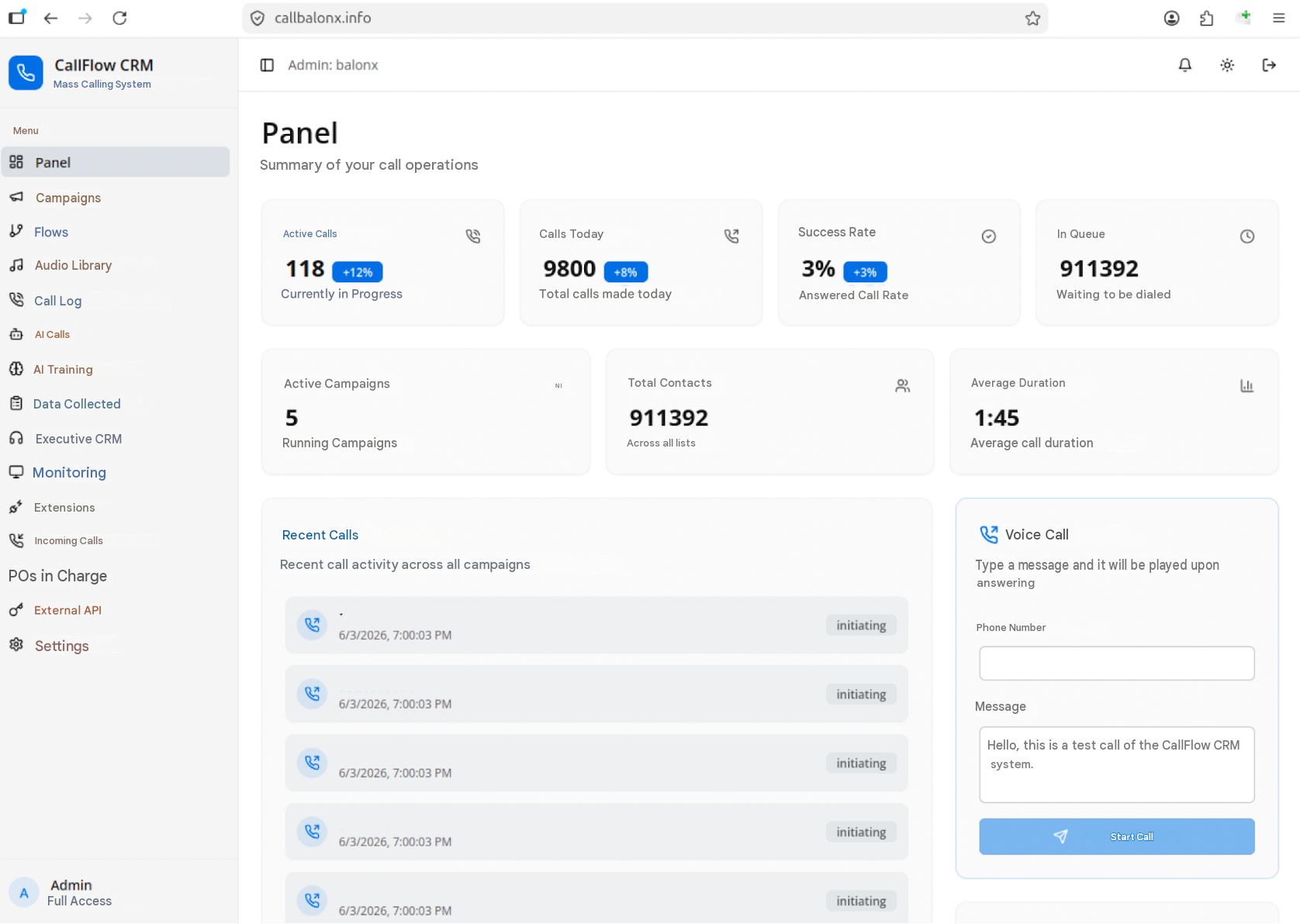 Figure 15. CallFlow admin dashboard showing active campaigns, call metrics, and the Banamex phone number database. Figure 15. CallFlow admin dashboard showing active campaigns, call metrics, and the Banamex phone number database.