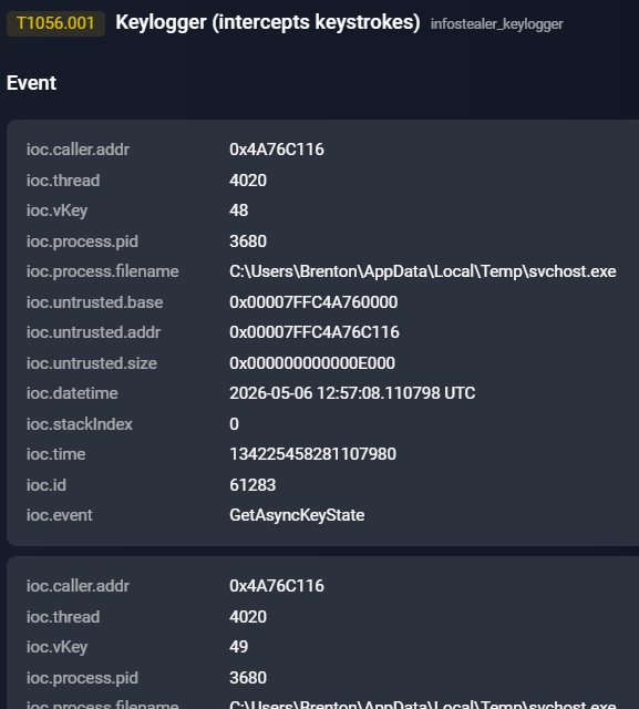 Figure 16. Keylogging activity captured at API call level.