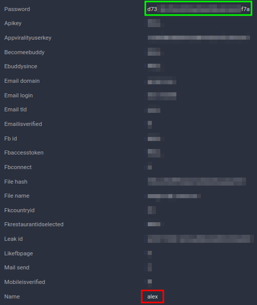 Figure 16. Eatigo 2020 leak record showing matching password hash with inconsistent data.