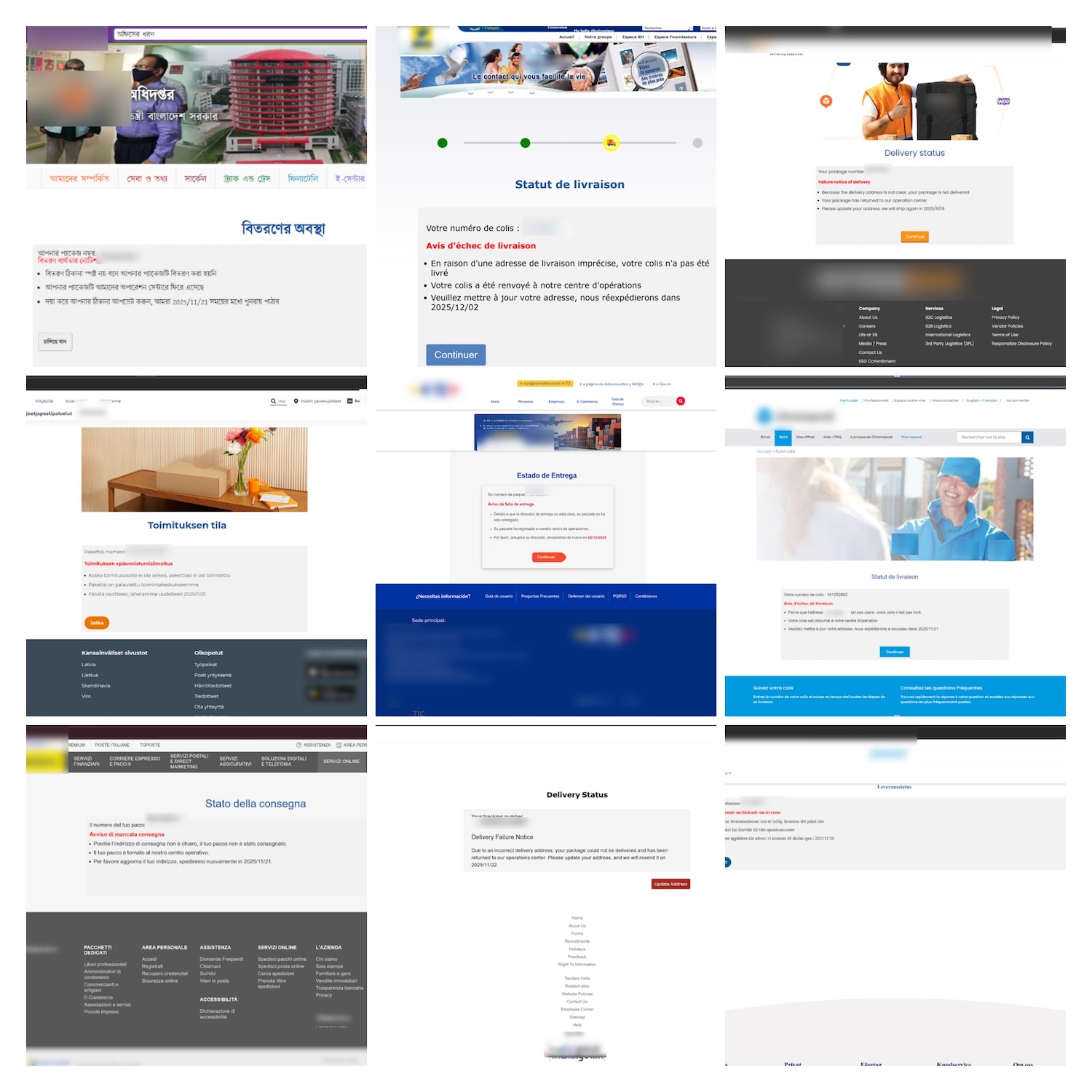Figure 13. Examples of fake shipment tracking phishing content seen globally.