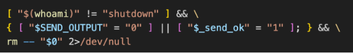 Figure 17. Self-deletion logic removes the script from disk after successful exfiltration or when send mode was not requested, conditional on the process not running as the
