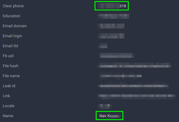 Figure 18. Facebook 2021 leak record showing matching phone number and name.