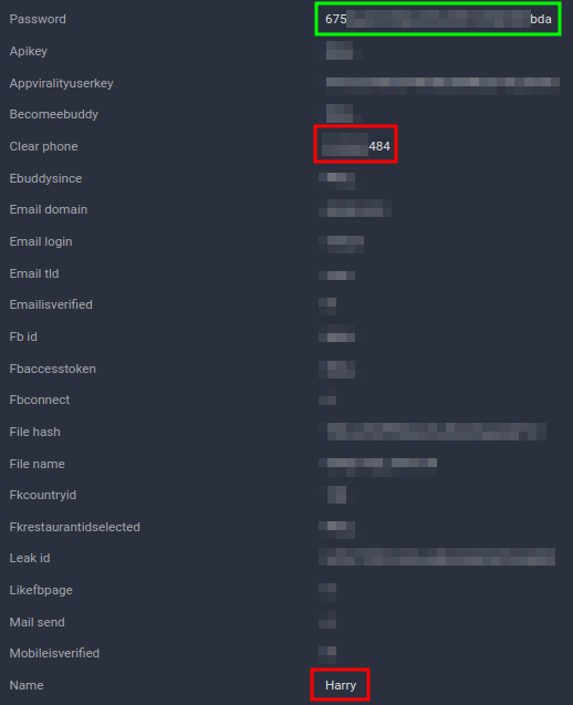 Figure 19. Eatigo 2020 leak record showing matching password hash with inconsistent data.