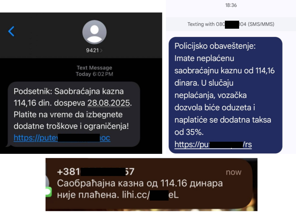 Figure 1: Examples of phishing SMS informing of fake traffic fines (with English translation).