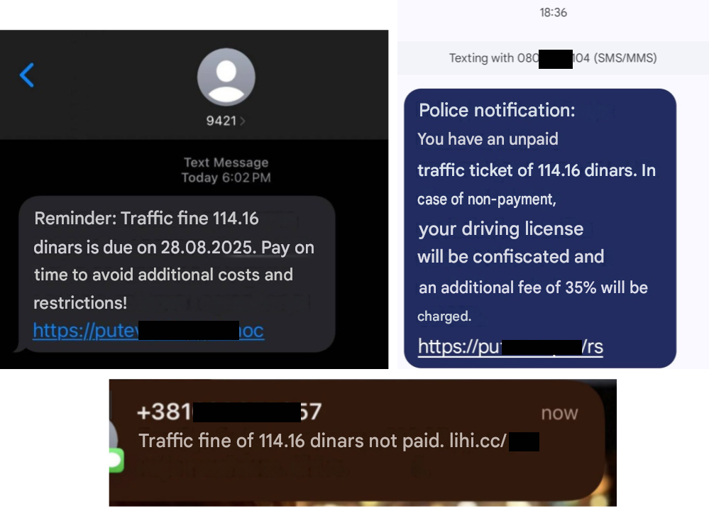 Figure 1: Examples of phishing SMS informing of fake traffic fines (with English translation). Figure 1: Examples of phishing SMS informing of fake traffic fines (with English translation).