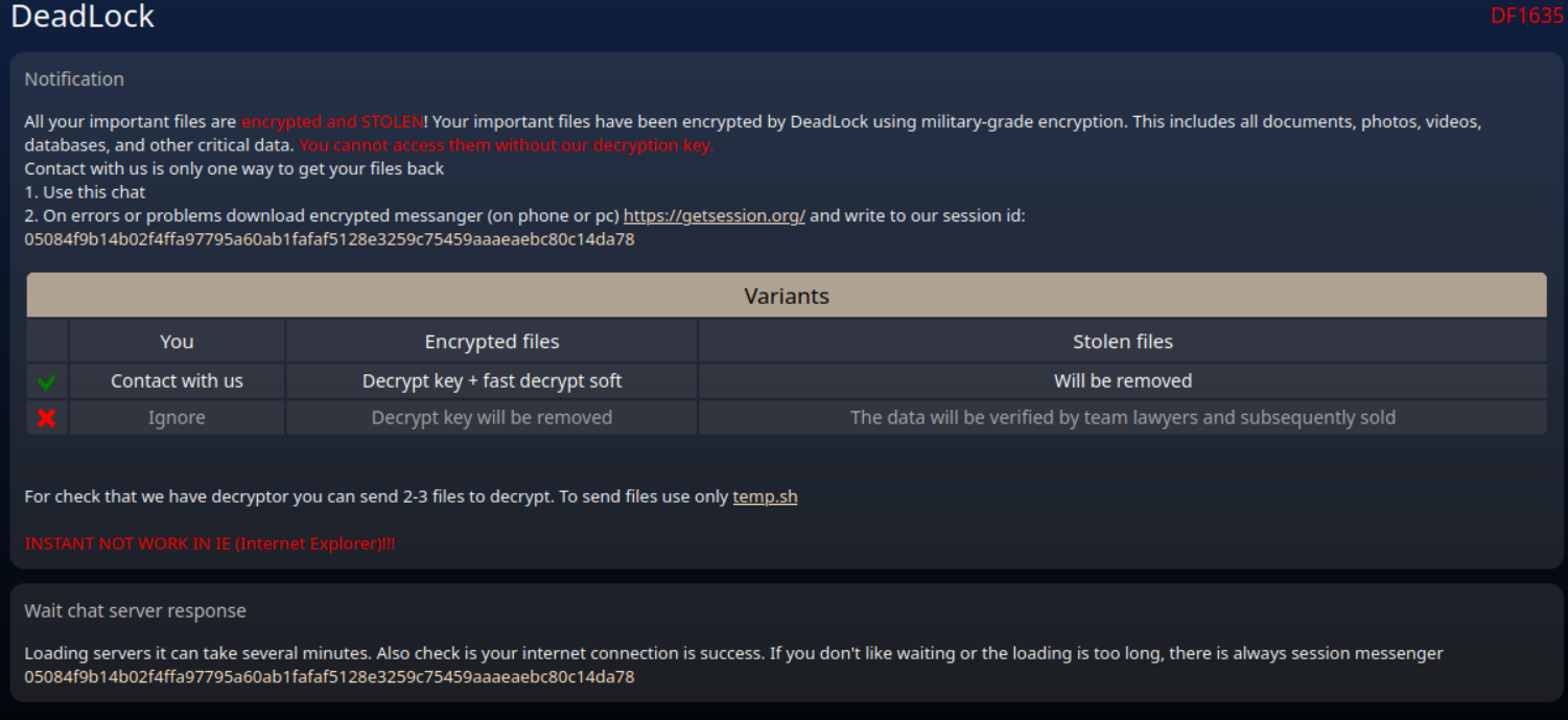 Figure 2. HTML file with embedded Session private messenger to contact the threat actor.