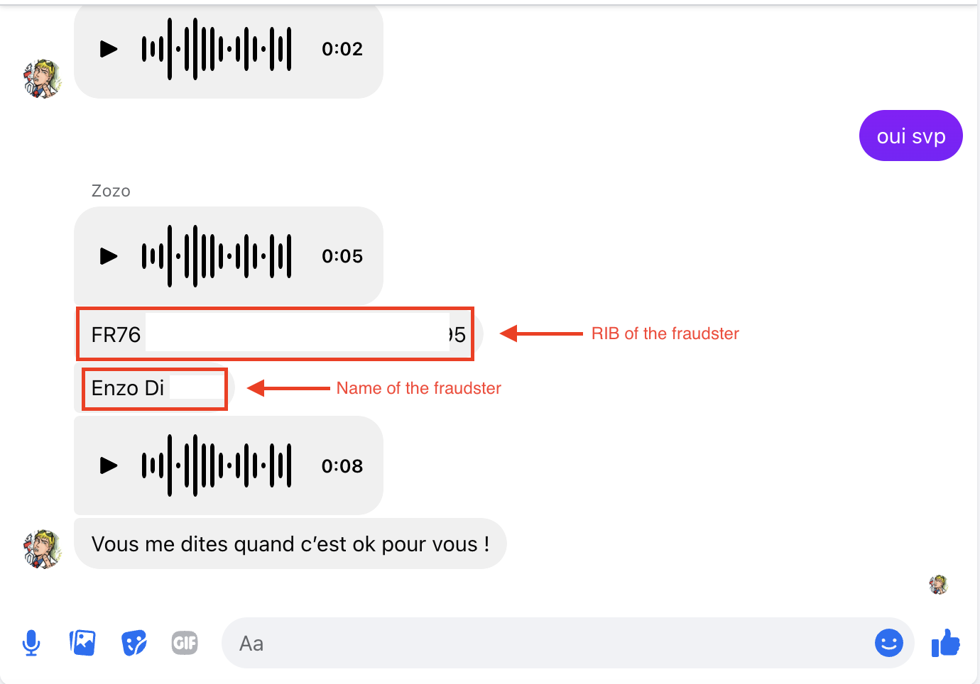 Figure 2: A discussion with the fraudster sharing his RIB to purchase tickets via direct funds transfer.