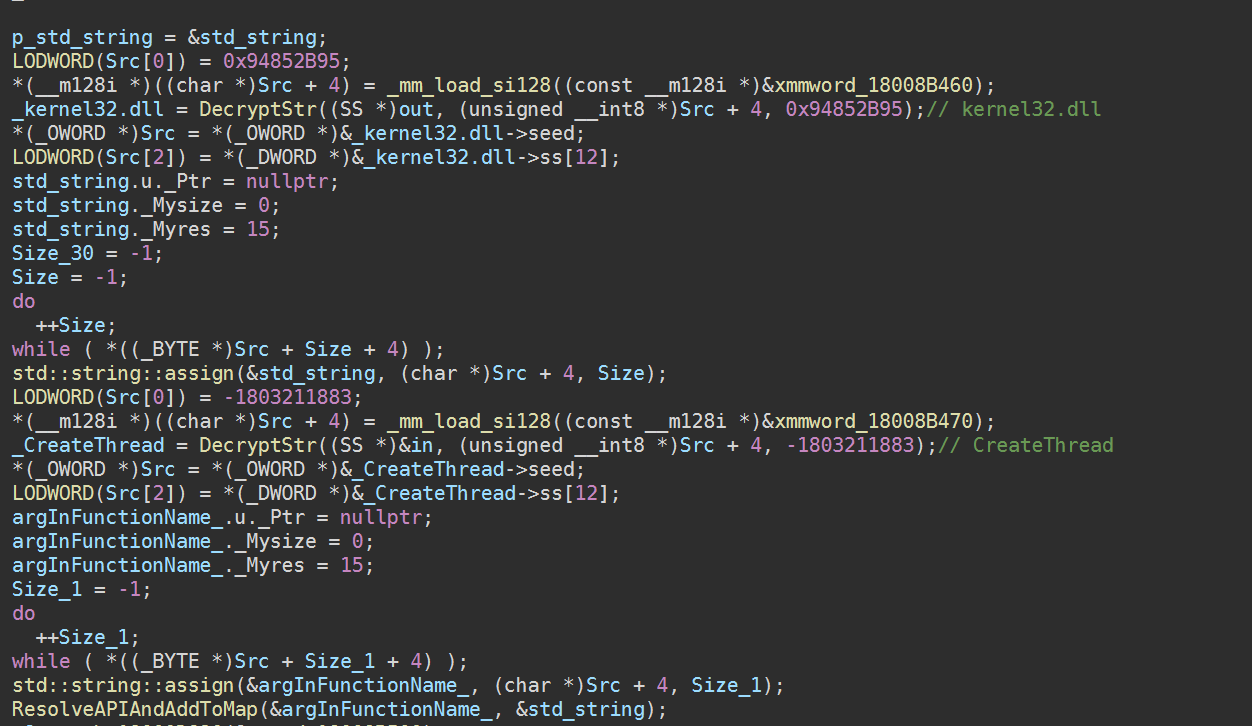 Figure 2. Second sample analysis shows TWOSTROKE backdoor decrypting stack strings.