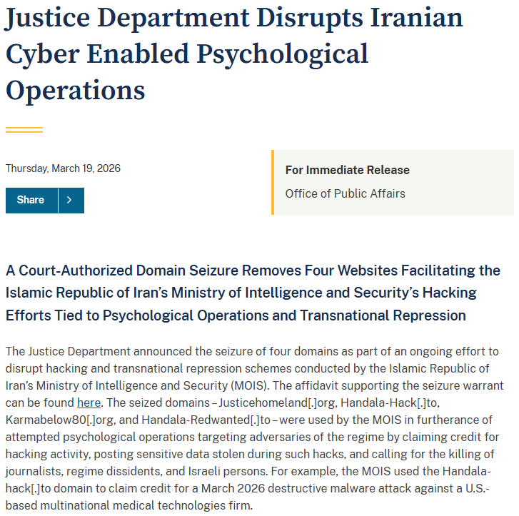 Figure 2. Press release announcing the seizure of MOIS-linked domains. (Source: United States Department of Justice)