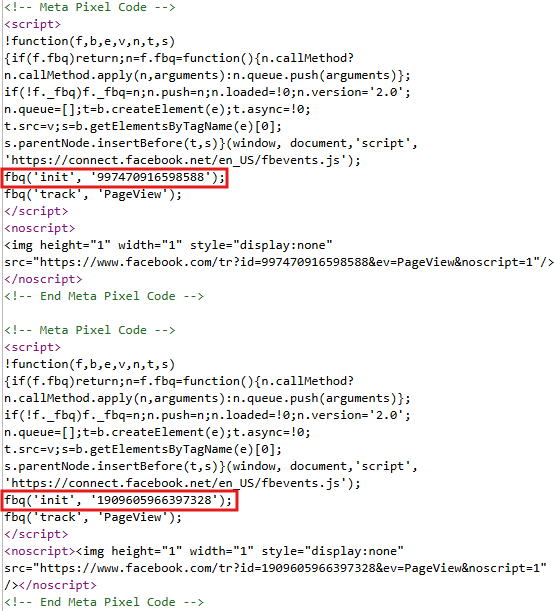 Figure 2. HTML snippet from the phishing website showing Meta Pixel code.