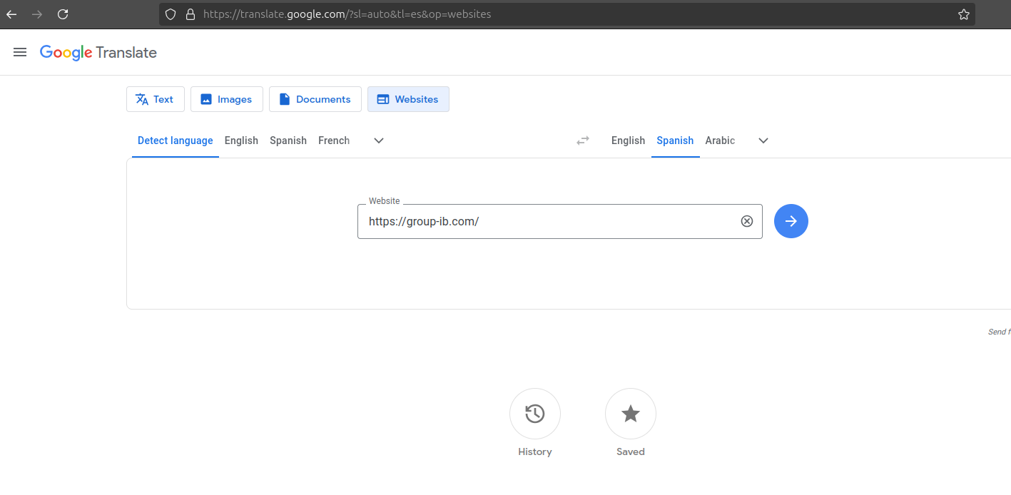 Imagen 2. Modo “Sitios Web” de Google Translate para traducir un sitio web completo.