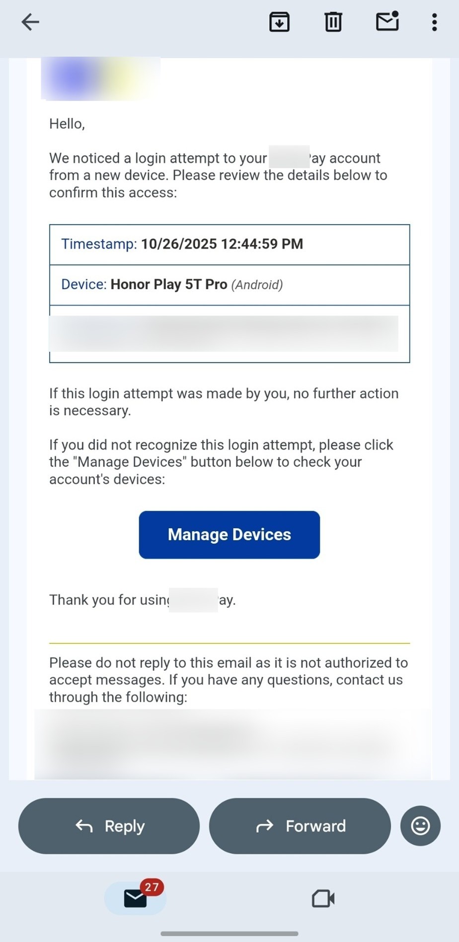 Figure 2. Phishing email about a suspicious login from a new device.