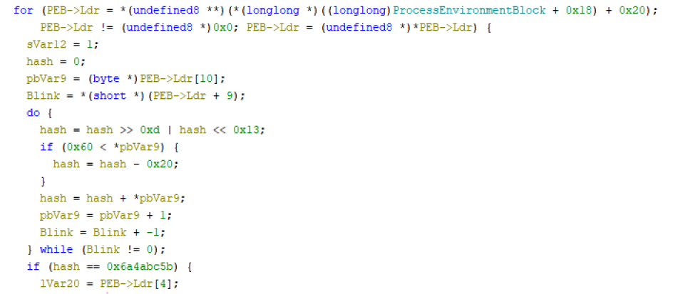 Figure 20. ROR13 based hash algorithm in HVNC helper module named HVNCInjection.x64.dll.