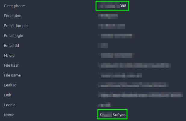 Figure 20. Facebook 2021 leak record showing matching phone number and name. 