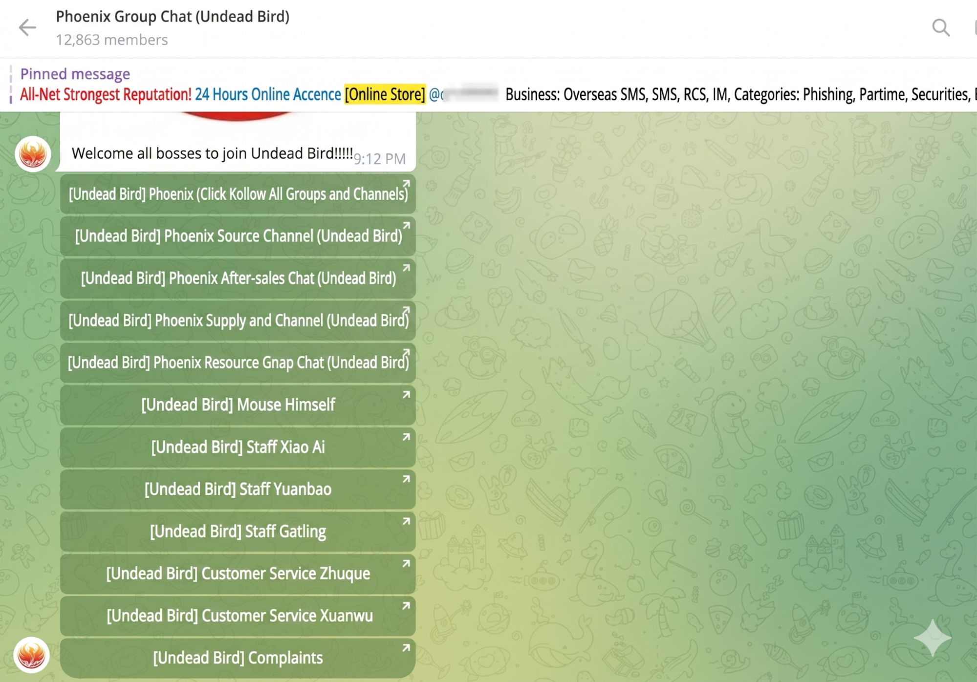 Figure 20: Phoenix group chat with nearly 13000 members (with English translation). Figure 20: Phoenix group chat with nearly 13000 members (with English translation).