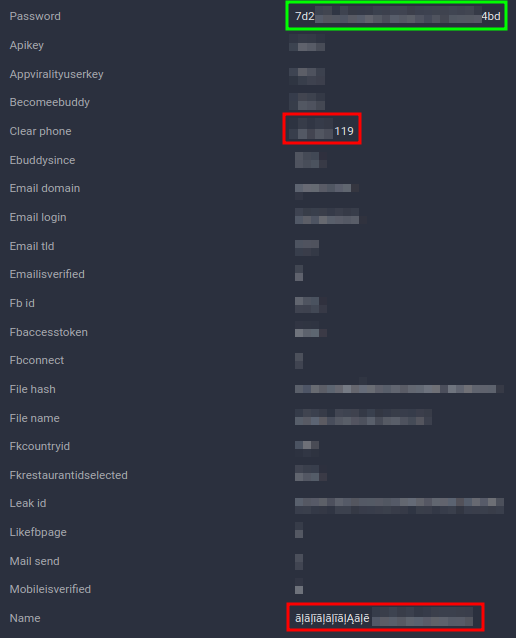 Figure 21. Eatigo 2020 leak record showing matching password hash with inconsistent data. 